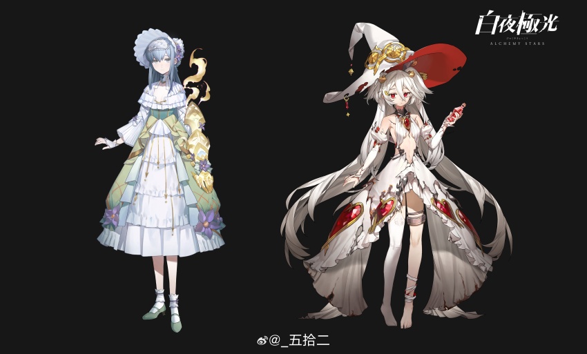 2girls :| absurdres alchemy_stars ankle_socks bandaged_ankle bare_shoulders black_background blue_eyes blue_hair bonnet bottle breasts closed_mouth clothing_cutout detached_sleeves dress fingerless_gloves flower frilled_dress frills full_body garter_straps gauntlets gloves green_dress green_footwear hair_between_eyes hat hat_flower highres holding holding_bottle jewelry juliet_sleeves layered_dress long_dress long_hair long_sleeves looking_at_viewer multiple_girls navel no_shoes official_art pigeon-toed potion puffy_sleeves purple_flower quad_tails red_eyes short_dress single_bare_foot single_gauntlet single_thighhigh sleeveless sleeveless_dress small_breasts socks standing stomach_cutout tachi-e thighhighs thighlet tina_(alchemy_stars) torn_clothes torn_dress torn_hat two-tone_dress uriel_(alchemy_stars) very_long_hair watermark weibo_watermark white_dress white_gloves white_hat white_socks white_thighhighs witch_hat wushier