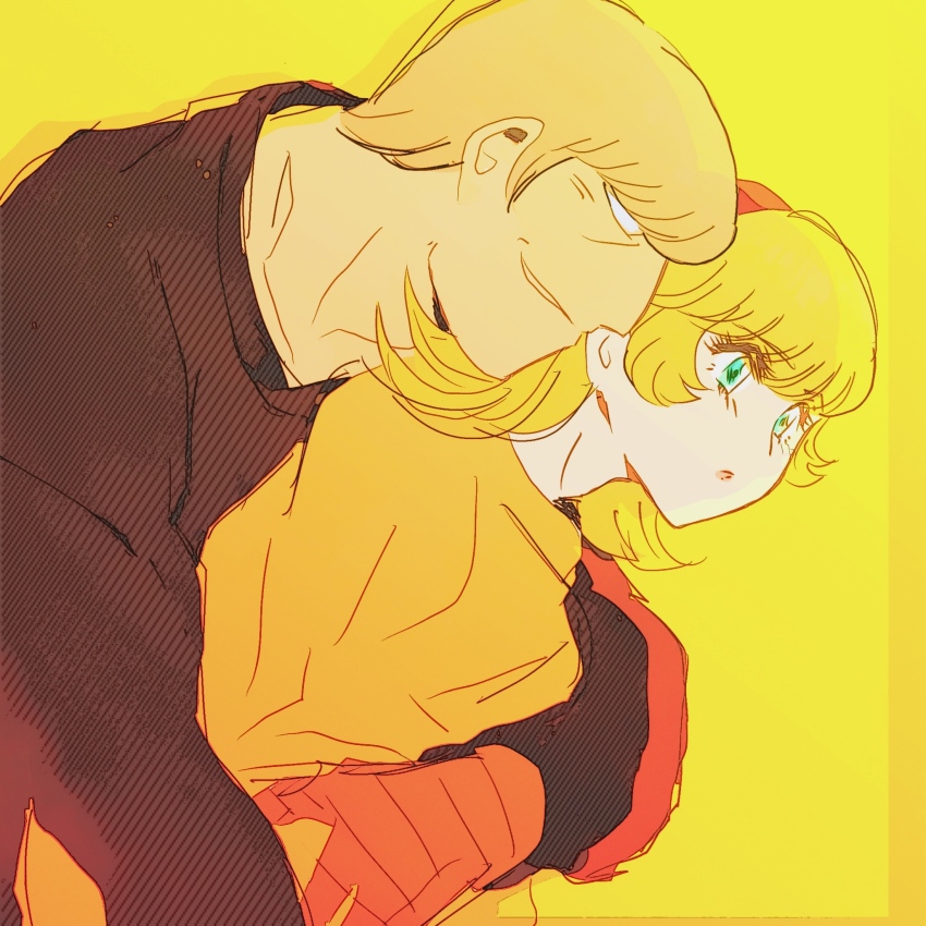 1boy 1girl albert_heinrich black_sweater blank_eyes blonde_hair blush cyborg cyborg_009 francoise_arnoul green_eyes grey_hair hair_over_face hairband highres hug hug_from_behind long_hair mechanical_arms orange_sweater red_hairband sariokisu short_hair sweater