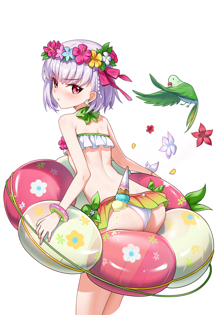 1girl absurdres ass back bare_shoulders bikini bird blush bracelet breasts fate/grand_order fate_(series) flower_wreath food green_bikini hair_ribbon head_wreath highres ice_cream ice_cream_cone innertube jewelry kama_(fate) kama_(swimsuit_avenger)_(fate) kama_(swimsuit_avenger)_(first_ascension)_(fate) looking_at_viewer looking_back miniskirt parrot pout rainbow_skirt red_eyes ribbon shenqi_xiao_hong_zai_nali short_hair skirt small_breasts swim_ring swimsuit thighs white_hair