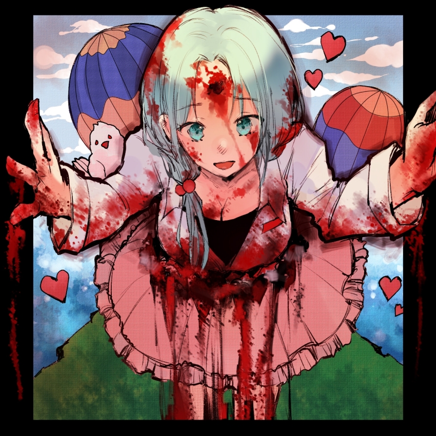 1girl aqua_eyes aqua_hair black_shirt blood blood_in_hair blood_on_breasts blood_on_clothes blood_on_face blood_on_hands breasts chinese_commentary cleavage commentary_request enomoto_noa face_cutout gunshot_wound highres lab_coat large_breasts long_sleeves looking_at_viewer low_ponytail open_mouth parted_bangs photo_stand-in ponytail saibou_shinkyoku shirt side_ponytail smile solo tsubune