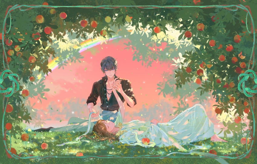 1boy 1girl absurdres apple black_hair brown_hair commentary dress food fruit hand_grab highres jewelry lingcod_dayu lying marius_von_hagen_(tears_of_themis) necklace pectoral_cleavage pectorals rainbow rosa_(tears_of_themis) snake symbol-only_commentary tears_of_themis tree white_dress white_snake