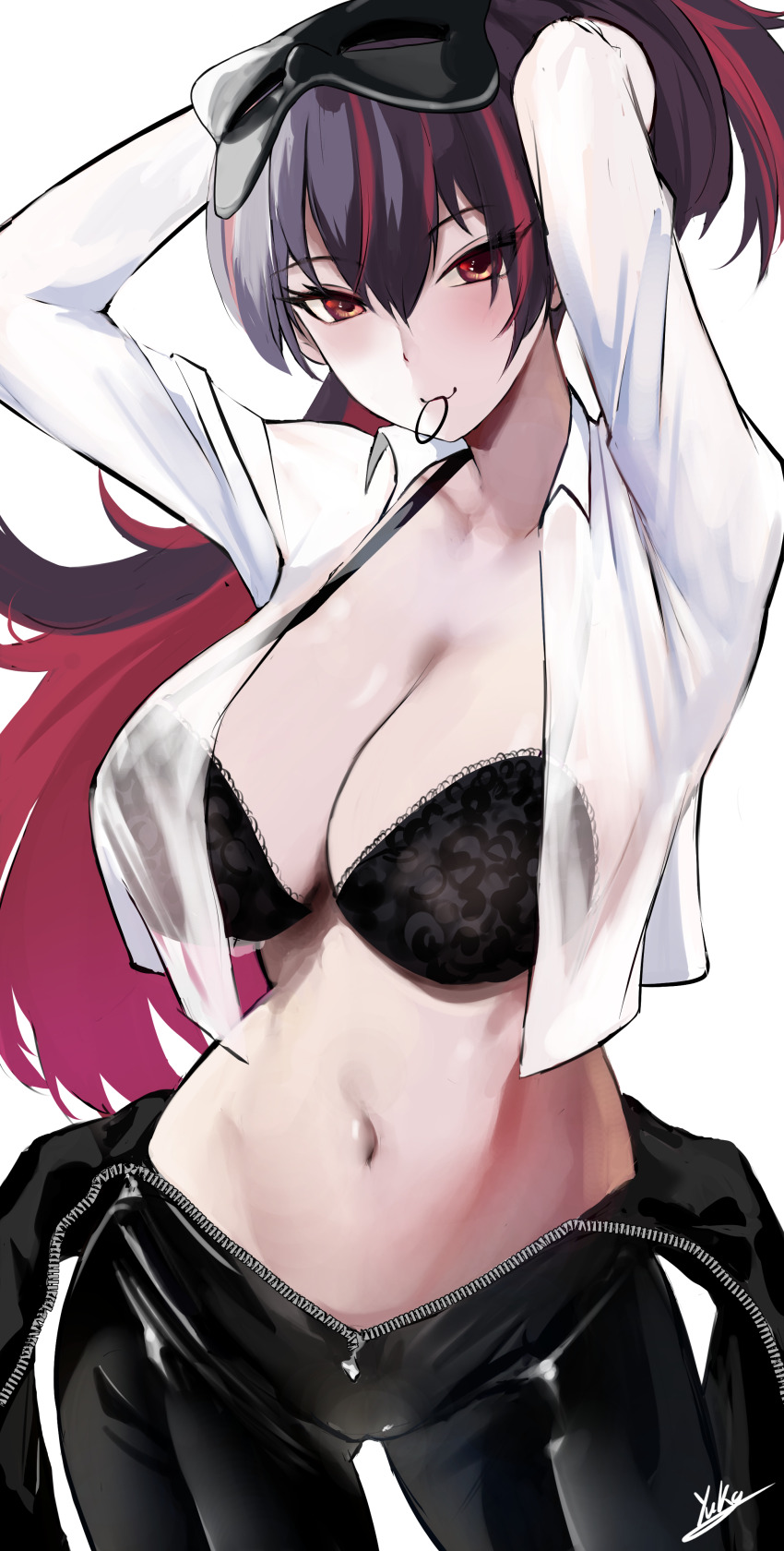 1girl absurdres armpits bodysuit breasts cleavage eye_mask eye_mask goddess_of_victory:_nikke highres large_breasts latex latex_bodysuit lingerie navel official_alternate_costume open_bodysuit open_clothes presenting_armpit quency_(escape_queen)_(nikke) quency_(nikke) simple_background solo underwear white_background yuka_1503