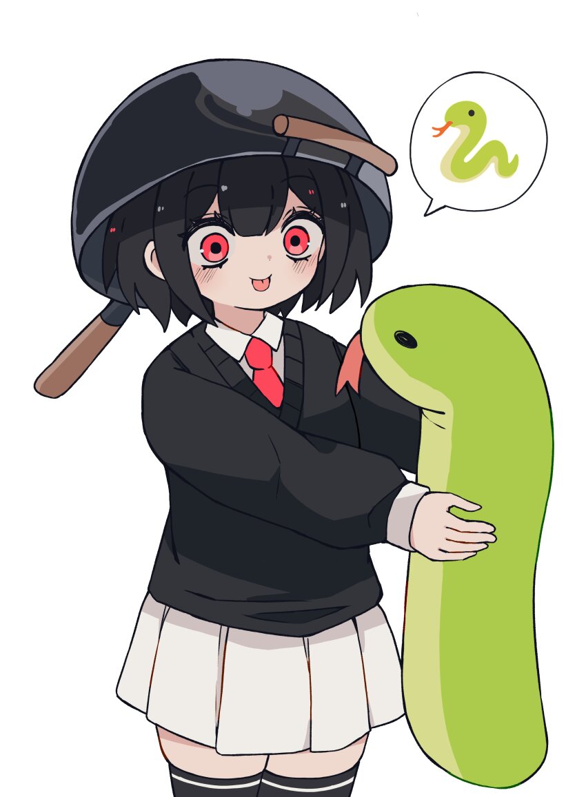 1girl :d absurdres black_hair black_sweater black_thighhighs blush bob_cut chinese_zodiac collared_shirt commentary cowboy_shot dated_commentary dress_shirt english_commentary eyelashes forked_tongue hair_between_eyes highres holding holding_stuffed_toy looking_at_object mai_(melonbread) melonbread necktie new_year open_mouth original pleated_skirt pot_on_head red_eyes red_necktie shirt short_hair simple_background skindentation skirt smile solo spoken_animal stuffed_animal stuffed_snake stuffed_toy sweater thighhighs tongue tongue_out white_background white_shirt white_skirt white_trim wok year_of_the_snake