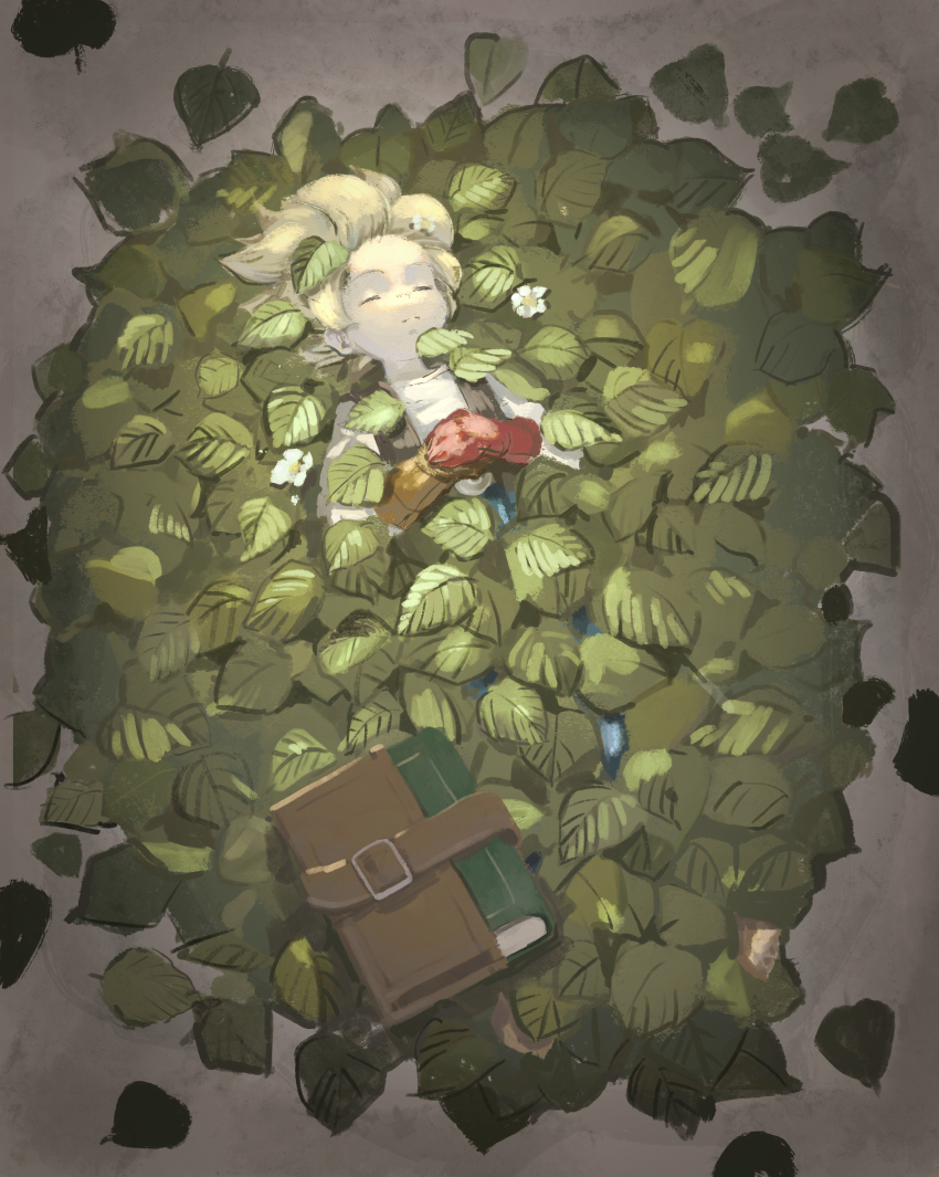 1boy absurdres asymmetrical_gloves backpack bag belt_buckle black_vest blonde_hair blue_pants buckle closed_eyes commentary_request dragon_quest dragon_quest_builders_2 flower from_above gloves grey_background hands_on_own_stomach highres leaf leaf_pile lying male_builder_(dqb2) male_focus mismatched_gloves no_neckwear on_back pants red_gloves shirt short_hair solo spiked_hair tftf649e vest white_flower white_shirt yellow_gloves