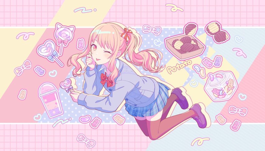 1other akiyama_mizuki aqua_background blue_background blue_bow blue_skirt bow bowtie brown_thighhighs buttons candy cardigan chips_(food) collared_shirt colorful_palette dotted_background drink food full_body grey_cardigan grid_background gummy_bear hair_bow heart heart-shaped_food heart-shaped_lollipop highres holding holding_candy holding_food holding_lollipop jar jelly_bean kamiyama_high_school_uniform_(project_sekai) loafers lollipop long_hair long_sleeves looking_at_viewer midair miniskirt multicolored_background official_art one_eye_closed other_focus pastel_colors pink_background pink_eyes pink_hair pleated_skirt project_sekai purple_shoes red_bow red_bowtie school_uniform shaped_lollipop shirt shoes side_ponytail skirt smile snack solo striped_bow striped_bowtie striped_clothes sweets swirl_lollipop thighhighs third-party_source tongue tongue_out two-tone_bow white_bow white_shirt yellow_background