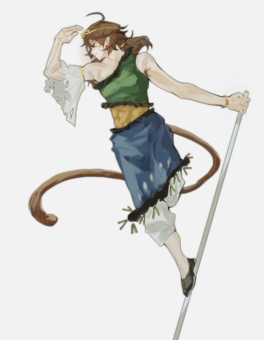1girl absurdres ahoge armpit_hair black_shoes blue_skirt bracelet brown_eyes brown_hair c8h11o2n chinese_commentary circlet closed_mouth commentary_request flats frilled_shirt frilled_skirt frills full_body green_shirt grey_background highres jewelry long_hair monkey_tail muscular muscular_female pants pants_under_skirt ruyi_jingu_bang shirt shoes simple_background skirt sleeveless sleeveless_shirt smile solo son_biten tail touhou white_pants