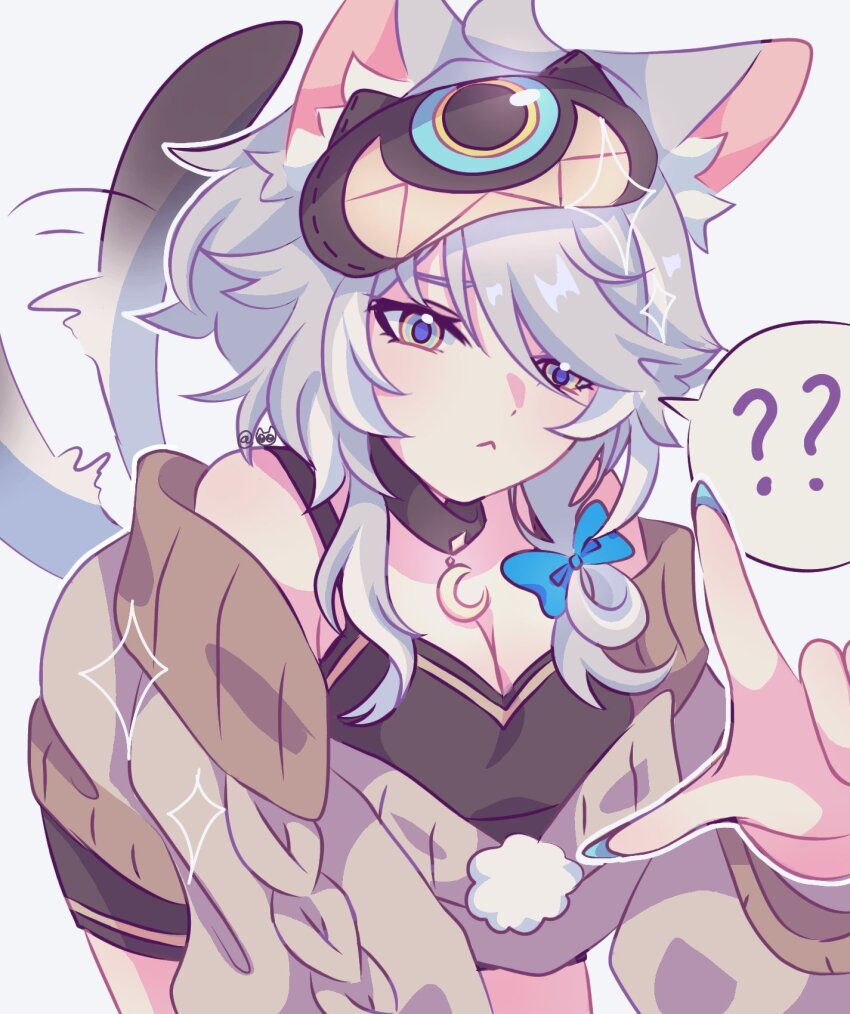 1girl ? ?? animal_ears black_camisole breadmilqq brown_sweater camisole cat_ears cat_girl cipher_(honkai:_star_rail) cipher_(sweet_slumber)_(honkai:_star_rail) crescent_choker highres honkai:_star_rail honkai_(series) mask mask_on_head sleep_mask sleepwear solo speech_bubble sweater