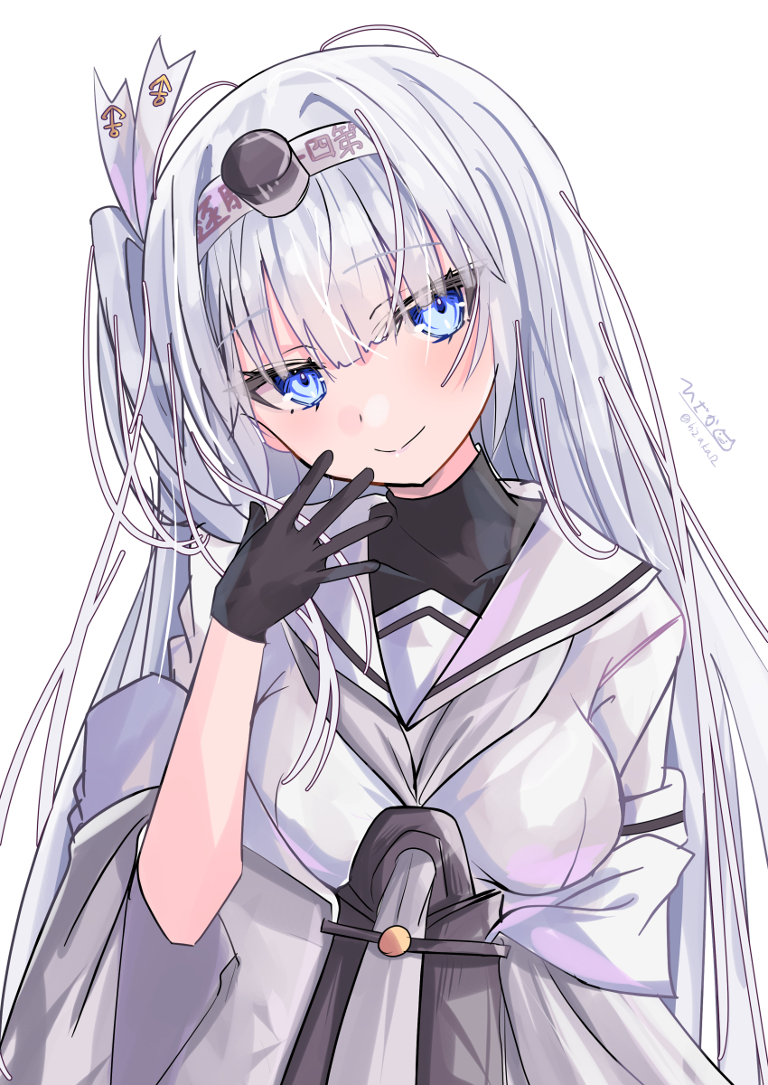 1girl absurdres black_gloves black_headband black_sailor_collar blush breasts clothes_writing fuyutsuki_(kancolle) gloves grey_eyes grey_hair grey_neckerchief grey_shawl hachimaki hair_between_eyes headband highres hizaka kantai_collection long_hair neckerchief one_side_up sailor_collar school_uniform serafuku shawl signature skirt solo twitter_username white_background white_headband white_neckerchief white_sailor_collar