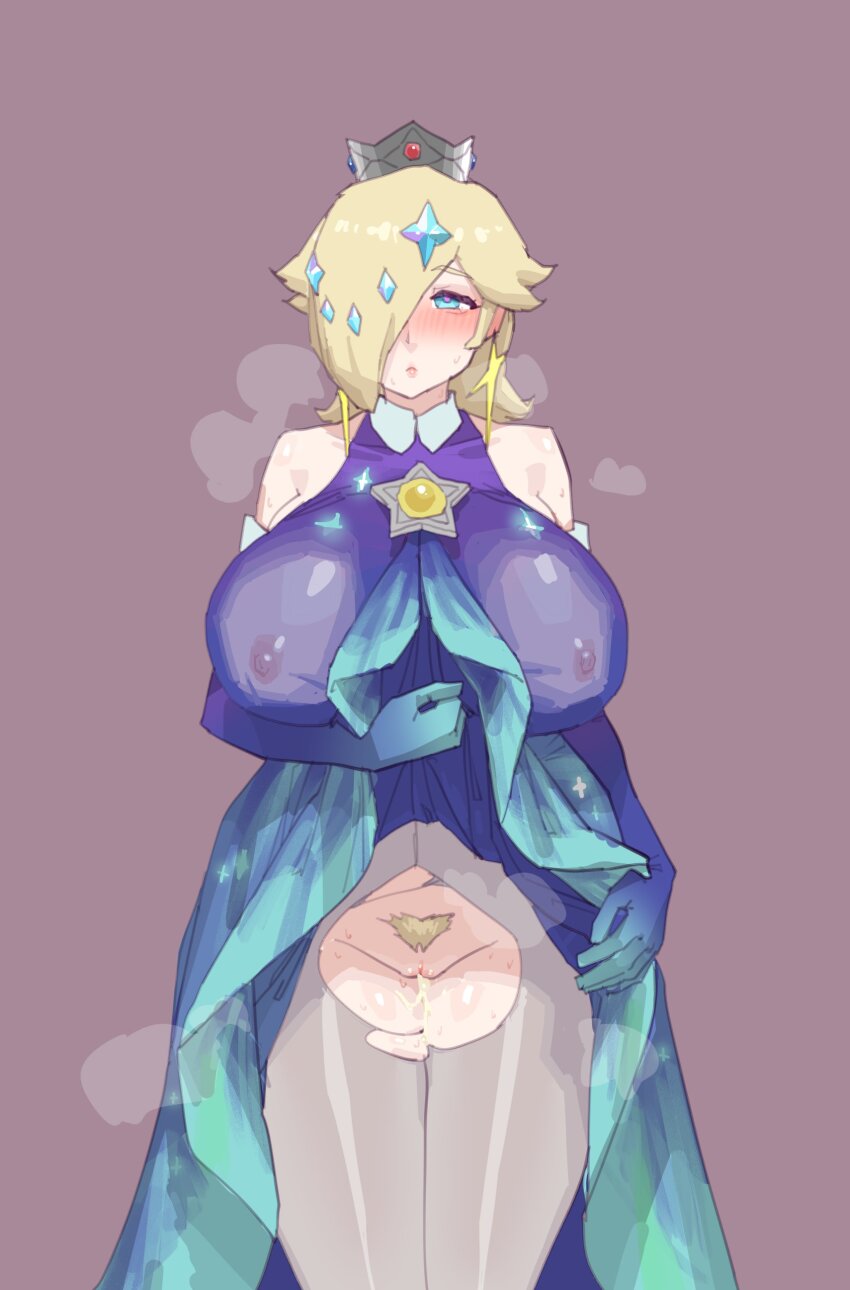 absurdres after_vaginal aftersex aqua_eyes bare_shoulders blonde_hair blonde_pubic_hair blue_dress blue_gloves blush clothes_lift covered_erect_nipples cross cross_earrings crown cum cum_in_pussy dress dress_lift earrings elbow_gloves gloves green_dress green_gloves grey_pantyhose hair_ornament hair_over_one_eye highres jewelry legs_together mario_(series) nintendo nose_blush pantyhose pussy rosalina short_hair simple_background stank star_(symbol) steaming_body sweat torn_clothes torn_pantyhose two-tone_dress two-tone_gloves