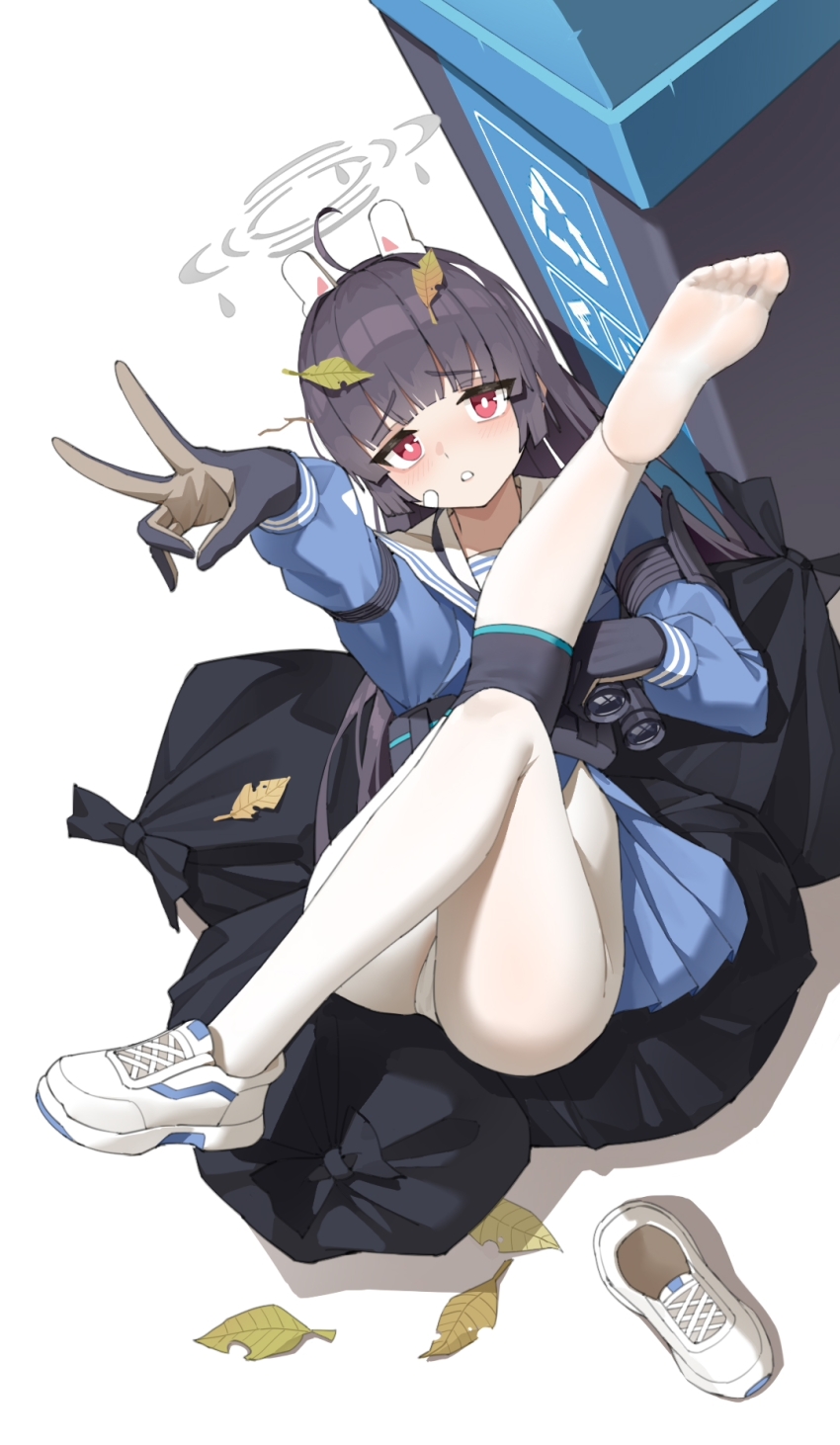 1girl ass bandaid bandaid_on_face binoculars black_hair blue_archive blush feet gloves highres leaf leaf_on_head loli long_hair looking_at_viewer miyu_(blue_archive) one_shoe_removed panties panties_under_pantyhose pantyhose pantyshot parted_lips rabbit_ears red_eyes shi_ling_fangcheng shoes soles thighs toes trash_bag trash_can underwear unworn_shoes v white_pantyhose