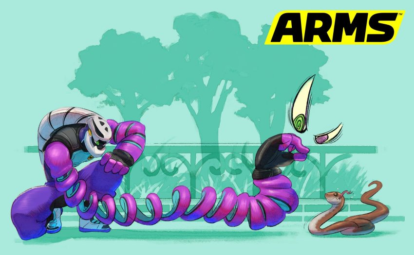 1boy aqua_background arms_(game) baggy_pants helmet heterochromia highres kid_cobra logo long_arms male_focus nintendo official_art pants simple_background snake solo squatting yamamoto_yuu