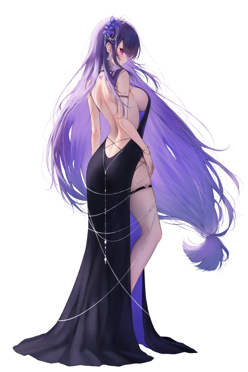 1girl absurdres back back_tattoo backless_dress backless_outfit bare_arms bare_back black_dress blush bracelet breasts dress earrings flower from_behind full_body genshin_impact hair_flower hair_ornament highres ijac_ray jewelry large_breasts long_dress long_hair looking_at_viewer low-tied_long_hair mitsudomoe_(shape) mole mole_under_eye purple_eyes purple_flower purple_hair raiden_shogun sideboob simple_background sleeveless sleeveless_dress solo standing tattoo tomoe_(symbol) very_long_hair white_background