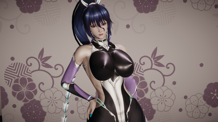1girl 3d blue_hair blue_nails bodysuit chain_whip covered_erect_nipples eyeshadow highres impossible_clothes lipstick long_hair looking_at_viewer makeup mascara nipples non-web_source ponytail red_eyes red_lips smile solo taimanin_(series) uehara_rin weapon whip