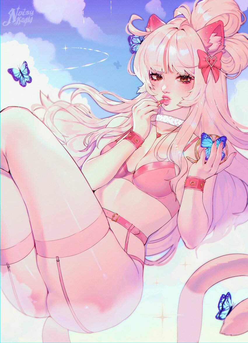 1girl absurdres animal_ears applying_lipgloss applying_makeup applying_own_makeup artist_name ass belt belt_around_waist blue_butterfly blurry bow bra breasts brown_eyes bug butterfly butterfly_on_hand butterfly_on_head cat_ears cat_girl cat_tail choker cloud cloudy_sky colored_skin commentary commission compact_(cosmetics) cosmetics crossed_legs depth_of_field english_commentary eyelashes feet_out_of_frame floating folded_hair furry furry_female garter_straps hair_bow hair_bun highres holding holding_compact holding_lipstick_tube insect levitation light_blush lipstick lipstick_tube long_bangs long_hair looking_ahead makeup medium_breasts noisykoala original parted_lips pink_belt pink_bow pink_bra pink_nails pink_thighhighs see-through_clothes see-through_thighhighs shiny_skin side_ahoge side_up_bun sky sparkle star_(sky) studded_armlet tail teeth thick_lips thighhighs underwear very_long_hair white_choker white_hair white_skin