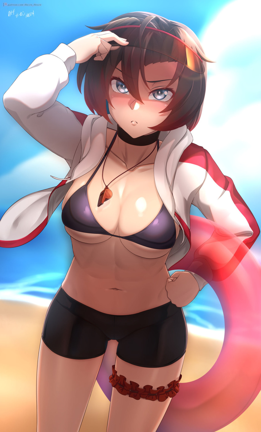 1girl abs arm_up beach bike_shorts bikini bikini_top_only black_bikini black_choker black_shorts blue_sky blurry blurry_background breasts choker cleavage clenched_hand closed_mouth cloud cloudy_sky commentary cowboy_shot day english_commentary eyewear_on_head grey_eyes hair_between_eyes hand_on_own_hip highres holding holding_swim_ring innertube jacket light_frown long_sleeves looking_at_viewer multicolored_jacket navel open_clothes open_jacket outdoors paid_reward_available patreon_logo patreon_username red-framed_eyewear red_jacket ruby_rose rwby shorts signature sky solo standing sunglasses swim_ring swimsuit thigh_scrunchie two-tone_jacket variant_set vilde_loh_hocen watermark web_address whistle whistle_around_neck white_jacket