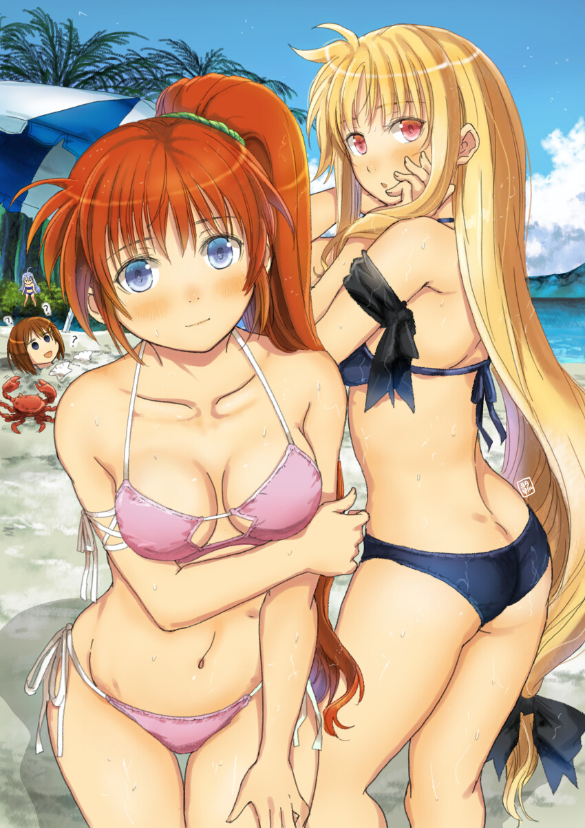4girls ? absurdres ass beach bikini black_bikini black_bow blue_eyes blush bow brown_hair buried cloud cowlick fate_testarossa garimpeiro hair_behind_ear hair_bow hand_on_own_thigh highres holding_own_arm leaning_forward long_hair looking_at_viewer low-tied_long_hair lyrical_nanoha mahou_shoujo_lyrical_nanoha_strikers multiple_girls navel palm_tree pink_bikini ponytail red_eyes reinforce_zwei sand short_hair sky smile swimsuit takamachi_nanoha tree umbrella very_long_hair water yagami_hayate