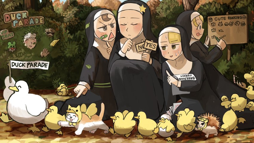 5girls ^_^ academic_test bandaid bandaid_on_cheek bandaid_on_face bird cat chicken closed_eyes clumsy_nun_(diva) diva_(hyxpk) doll duck duck_costume duckling earthworm flag froggy_nun_(diva) habit hand_on_own_chin hedgehog highres holding holding_paper in_tree kitten little_nuns_(diva) mole_(animal) multiple_girls no nun paper parade pulling rope sheep_nun_(diva) sign slice_of_life spicy_nun_(diva) star_nun_(diva) traditional_nun tree yes
