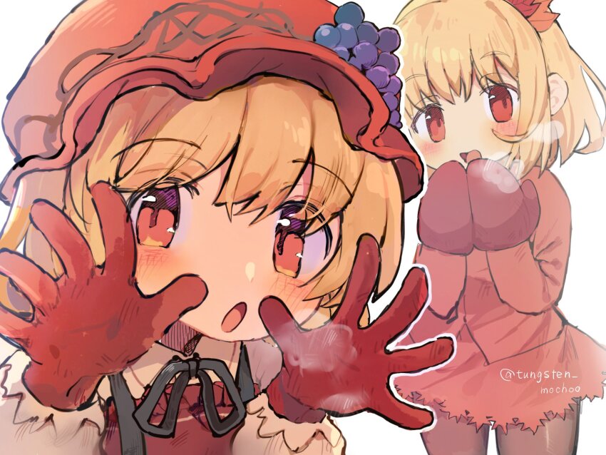 2girls :d :o aki_minoriko aki_shizuha black_pantyhose black_ribbon blonde_hair blush breath commentary_request gloves grape_hat_ornament hands_up hat hat_ornament highres long_sleeves looking_at_viewer mittens mob_cap multiple_girls neck_ribbon open_mouth pantyhose red_eyes red_gloves red_hat red_mittens red_skirt ribbon shirt short_hair siblings sisters skirt smile touhou tungsten_mochoo twitter_username yellow_shirt