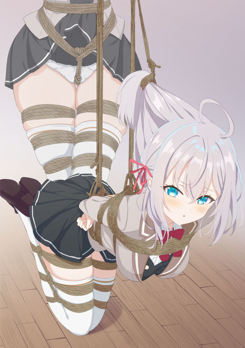 1girl :o absurdres ahoge alisa_mikhailovna_kujou arms_behind_back bdsm between_legs black_shirt black_skirt black_thighhighs blue_eyes blush bondage border bound bound_arms bound_hair bound_legs bound_torso bow bowtie breasts brown_jacket cameltoe clothes_lift collared_jacket collared_shirt commission crotch_rope fading_border female_focus full_body gluteal_fold hair_between_eyes hair_ornament hair_ribbon hamuta_(machosbrown) highres indoors jacket kinbaku kneeling large_breasts legs light_blush long_hair looking_at_viewer looking_to_the_side multiple_views open_mouth panties pleated_skirt red_bow red_bowtie ribbon school_uniform seiren_academy_school_uniform shibari shibari_over_clothes shirt sidelocks skeb_commission skin_tight skindentation skirt skirt_lift solo suspended_congress suspension thigh_gap thighhighs thighs tokidoki_bosotto_roshia-go_de_dereru_tonari_no_alya-san tongue underwear upskirt white_hair white_panties white_shirt wooden_floor