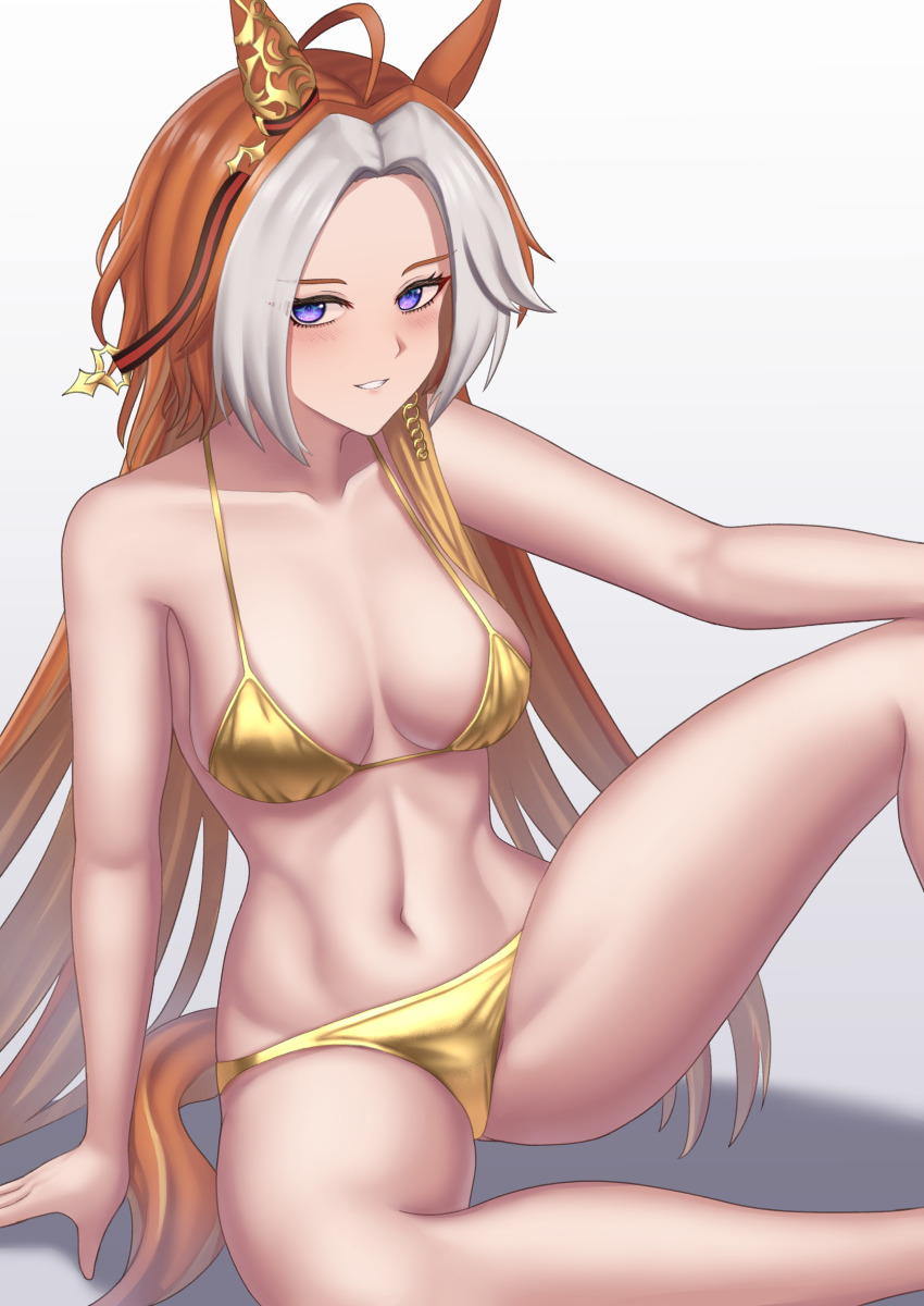 1girl absurdres ahoge animal_ears bakkasu150 bikini breasts ear_covers feet_out_of_frame gold_bikini gradient_background highres horse_ears horse_girl horse_tail long_hair medium_breasts multicolored_hair orange_hair orfevre_(umamusume) purple_eyes school_uniform single_ear_cover sitting solo swimsuit tail umamusume white_background white_hair