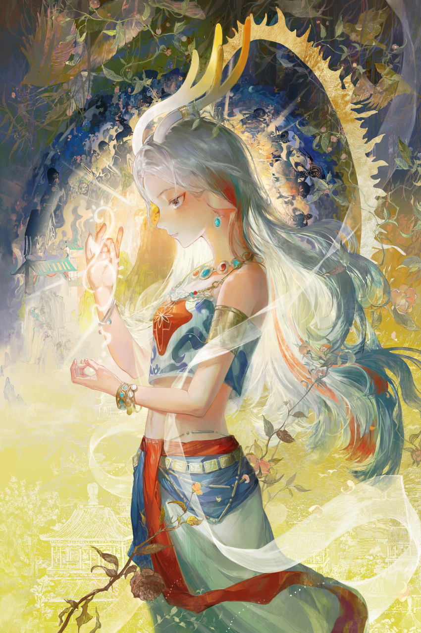 1girl a_deer_of_nine_colors absurdres animal_ears antler_ornament antler_ring antlers arknights armlet blue_eyes blue_hair bracelet colorful crop_top daylightallure deer deer_antlers deer_ears deer_girl earrings forehead from_side halo halo_behind_head highres horns jewelry long_hair long_skirt looking_down midriff multicolored_hair navel necklace nine-colored_deer parted_lips red_hair shirt skirt smile solo strapless strapless_shirt streaked_hair teeth tube_top white_hair white_skirt white_tube_top
