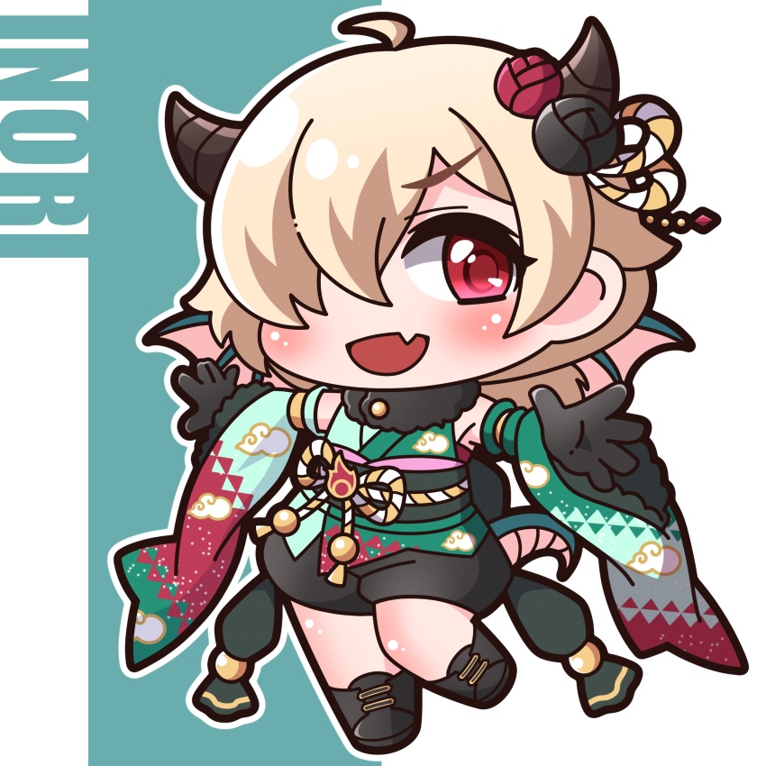 1girl :d absurdres ahoge black_boots black_flower black_gloves black_shorts blonde_hair blue_background blush boots character_name chibi commentary_request detached_sleeves dragon_girl dragon_horns dragon_tail dragon_wings fang flower full_body fur-trimmed_sleeves fur_collar fur_trim gloves green_kimono green_sleeves hair_flower hair_ornament hair_over_one_eye highres horns inori_(new_year)_(princess_connect!) inori_(princess_connect!) japanese_clothes kimono long_sleeves open_mouth outline pink_wings princess_connect! puffy_shorts red_eyes red_flower saishosaisekojo shorts sleeveless sleeveless_kimono smile solo standing standing_on_one_leg tail two-tone_background white_background white_outline wide_sleeves wings