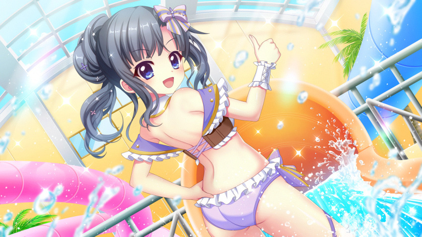 1girl ass back bikini black_hair blue_eyes blue_sky bow cowboy_shot day dutch_angle film_grain frilled_bikini frills game_cg glass_ceiling hair_bow hand_on_own_hip indoors itsumura_yukari izumi_tsubasu looking_at_viewer looking_back medium_hair non-web_source off-shoulder_bikini off_shoulder official_art palm_tree purple_bikini purple_bow railing re:stage! sidelocks single_wrist_cuff sky solo sparkle splashing sunlight swimsuit thigh_strap thumbs_up tree underbutt wading water_drop water_slide waterpark white_wrist_cuffs wrist_cuffs