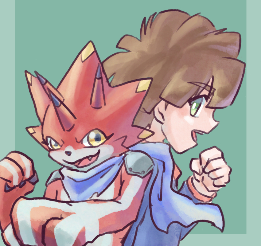amanokawa_hiro betelgammamon brown_hair digimon digimon_(creature) digimon_ghost_game dinosaur_boy green_eyes short_hair