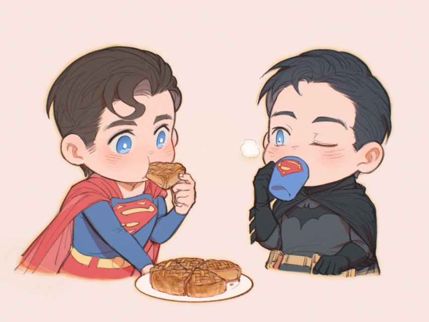 2boys batman batman_(series) black_cape black_gloves black_hair blue_bodysuit blue_eyes blush bodysuit bruce_wayne cake cake_slice cape chibi clark_kent cup dc_comics drinking eating food gloves grey_bodysuit highres holding holding_cup holding_food looking_at_another male_focus multiple_boys one_eye_closed plate red_cape short_hair superman superman_(series) xuanmai_alter