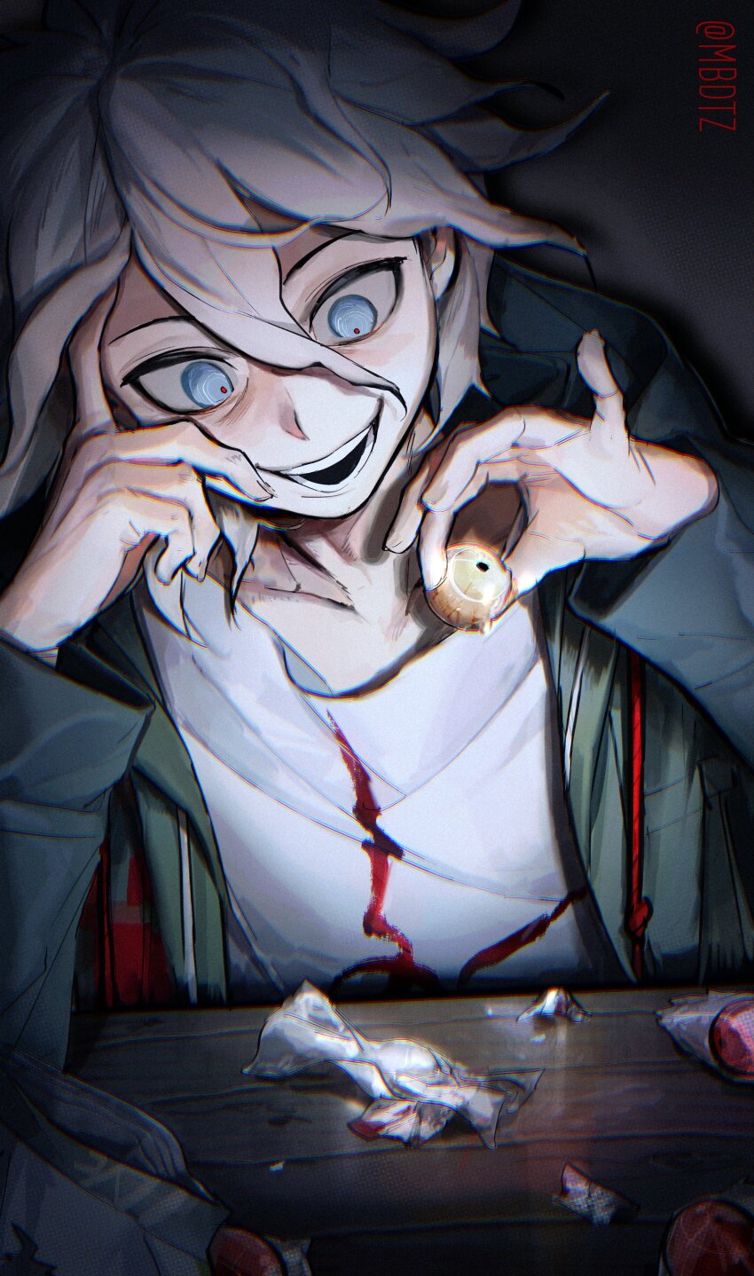 1boy :d absurdres blue_eyes candy_wrapper crazy_eyes crazy_smile danganronpa_(series) danganronpa_2:_goodbye_despair gradient_background green_jacket grey_hair hair_between_eyes hands_up highres holding jacket komaeda_nagito male_focus mbdtz messy_hair open_clothes open_jacket open_mouth print_shirt shirt smile solo teeth white_shirt