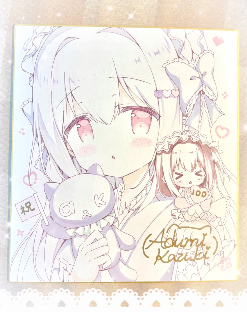 &gt;_&lt; 2girls azumi_kazuki blush_stickers bow chibi closed_eyes commentary_request frilled_bow frills grey_kimono hair_between_eyes hair_bow hair_intakes heart highres holding holding_stuffed_toy japanese_clothes kimono looking_at_viewer mini_person minigirl multiple_girls original parted_lips photo_(medium) red_eyes signature stuffed_animal stuffed_cat stuffed_toy traditional_media white_bow white_hair