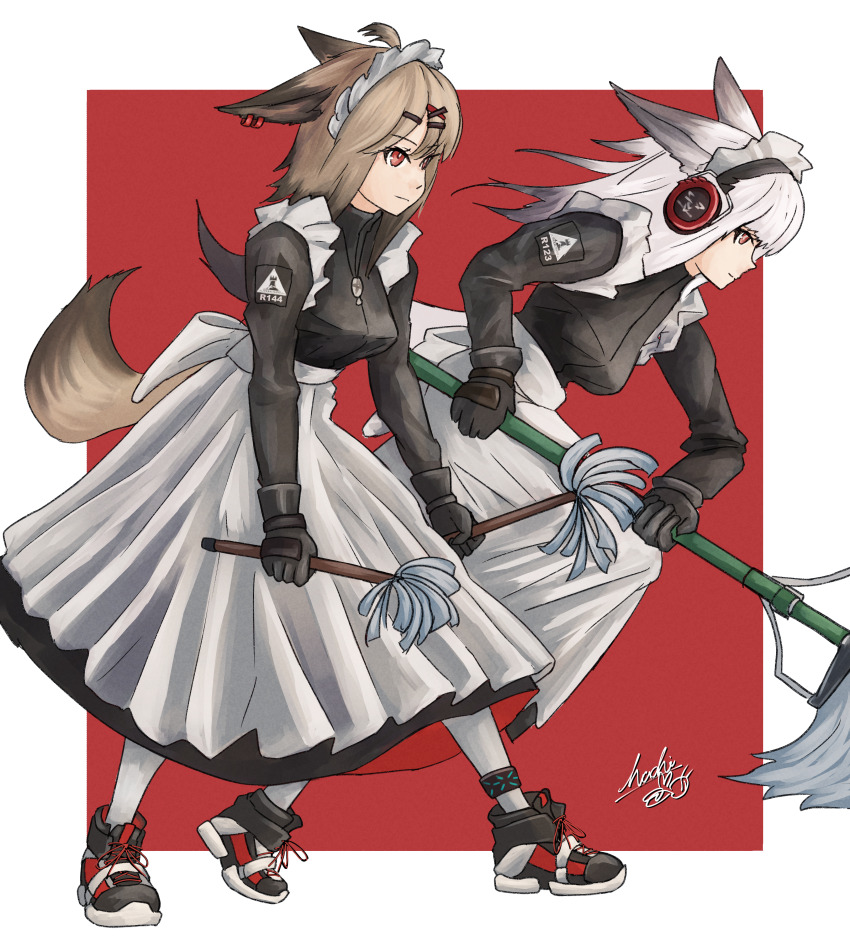 2girls absurdres alternate_costume animal_ear_piercing animal_ears apron arknights black_dress black_gloves border brown_hair closed_mouth commentary_request cutter_(arknights) dress duster enmaided frills frostleaf_(arknights) full_body gloves hair_ornament highres holding holding_duster infection_monitor_(arknights) looking_ahead maid maid_day maid_headdress medium_hair multiple_girls outside_border pantyhose profile red_background red_eyes short_hair simple_background superbeek4 tail unfinished waist_apron white_apron white_border white_hair white_pantyhose x_hair_ornament