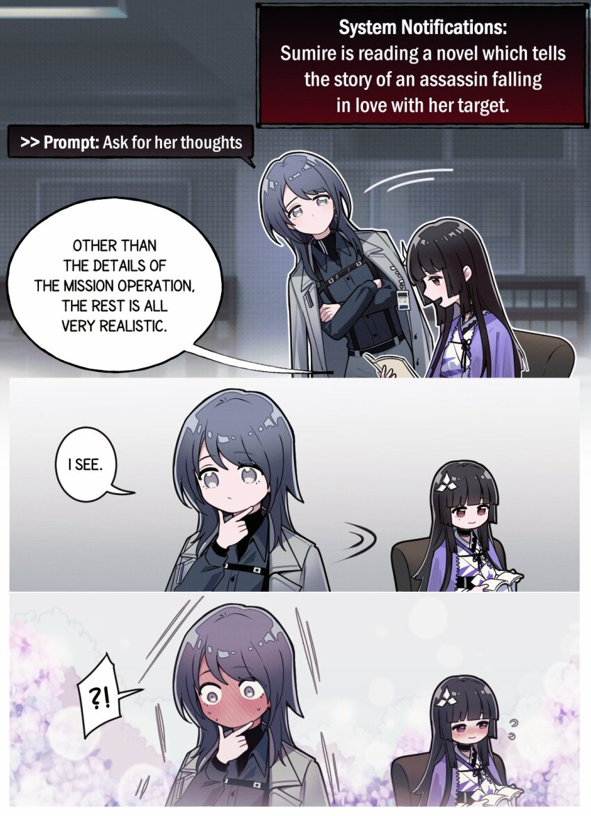 !? 2girls angon623 black_hair black_shirt blush book chief_(path_to_nowhere) coat coat_on_shoulders collared_shirt commentary english_text female_chief_(path_to_nowhere) flying_sweatdrops full-face_blush grey_coat grey_eyes hand_on_own_chin hashtag-only_commentary highres holding holding_book id_card jacket long_hair long_sleeves motion_lines multiple_girls nervous_sweating no_mouth path_to_nowhere purple_eyes purple_jacket shirt speech_bubble spoken_interrobang stroking_own_chin sumire_(path_to_nowhere) sweat yuri