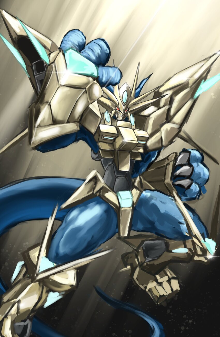 1boy armor blue_skin blue_tail clenched_hands colored_skin digimon digimon_(creature) dragon fewer_digits foot_out_of_frame gold_armor highres magnamon_x-antibody rag76 red_eyes solo