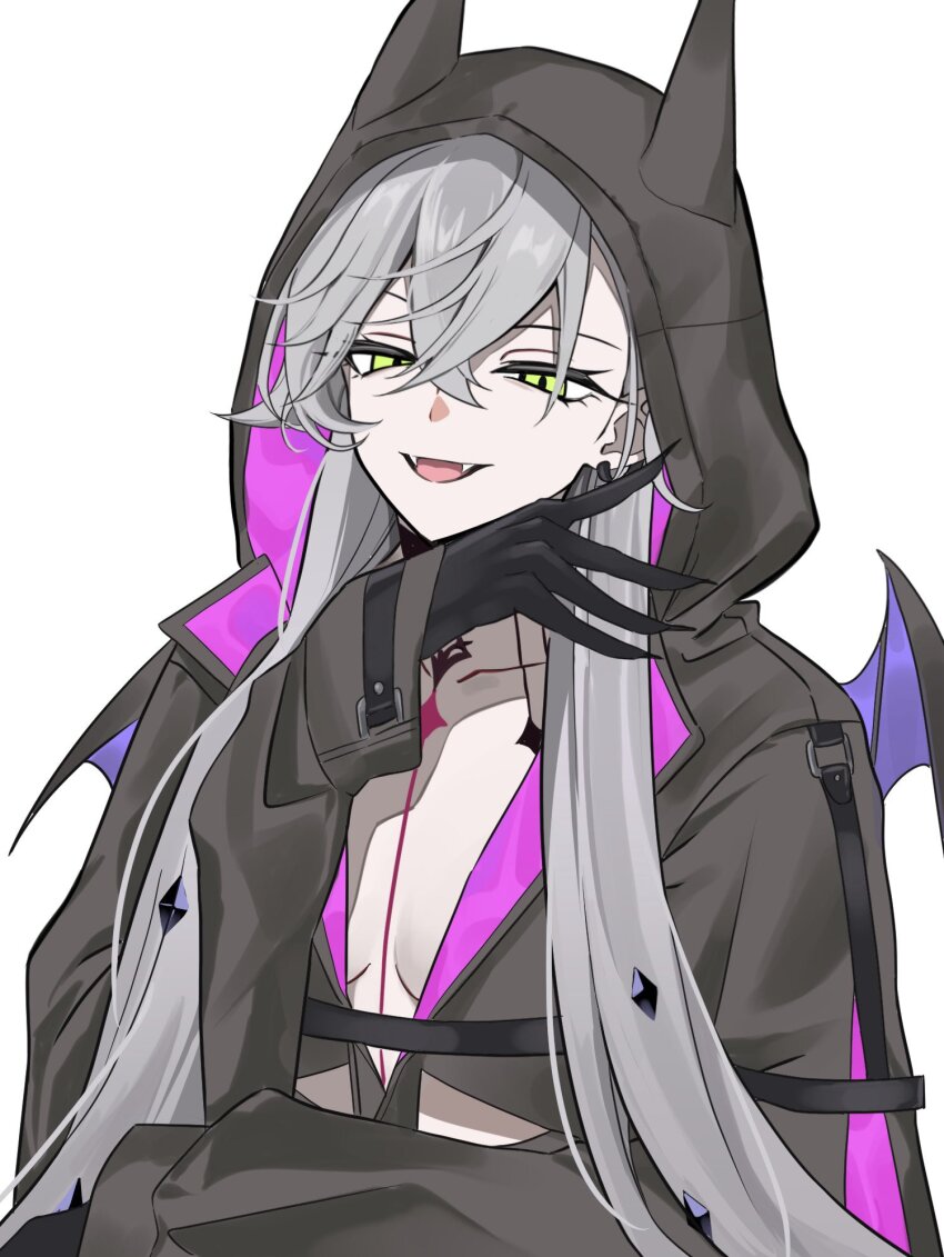 1girl black_hands black_hoodie breasts colored_extremities fangs fate/grand_order fate_(series) green_eyes grey_hair hand_up highres hood hoodie lilith_(fate) long_hair looking_at_viewer quiro16 smile solo white_background