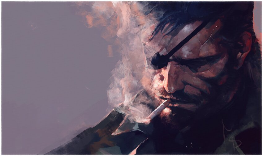1boy absurdres beard border brown_hair cigarette close-up closed_eyes closed_mouth commentary eyepatch facial_hair faux_traditional_media green_jacket grey_background highres jacket male_focus mature_male metal_gear_(series) metal_gear_solid_v:_the_phantom_pain military_uniform mouth_hold multiple_scars realistic scar scar_on_face short_hair signature simple_background smoking solo upper_body venom_snake white_border whitehogiii