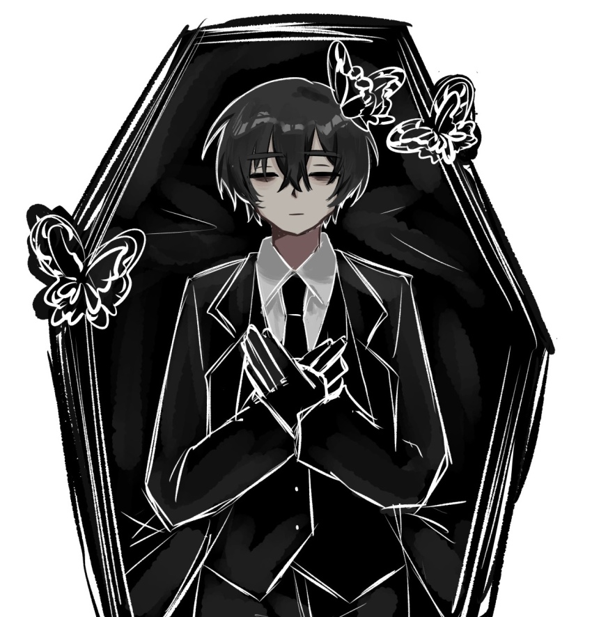1boy bad_anatomy bad_hands bags_under_eyes black_butterfly black_hair black_necktie black_suit black_vest bug butterfly closed_eyes coffin collared_shirt double-parted_bangs e.g.o_(project_moon) formal_clothes hair_between_eyes highres insect limbus_company lying male_focus merukosu necktie on_back project_moon shirt short_hair solemn_lament_(e.g.o) solo suit upper_body vest white_background white_butterfly white_shirt yi_sang_(project_moon)