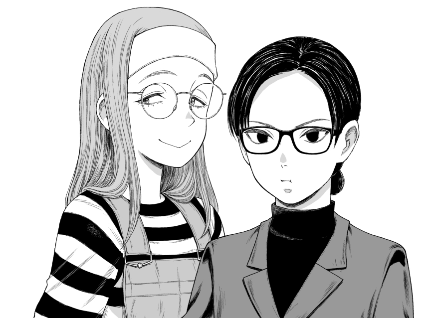 2girls formal_clothes glasses greyscale highres kore_kaite_shine long_hair mitsuhashitohru_pxv monochrome multiple_girls overalls pout shirt simple_background smile striped_clothes striped_shirt suit teramura_nana teshima_rei turtleneck upper_body white_background