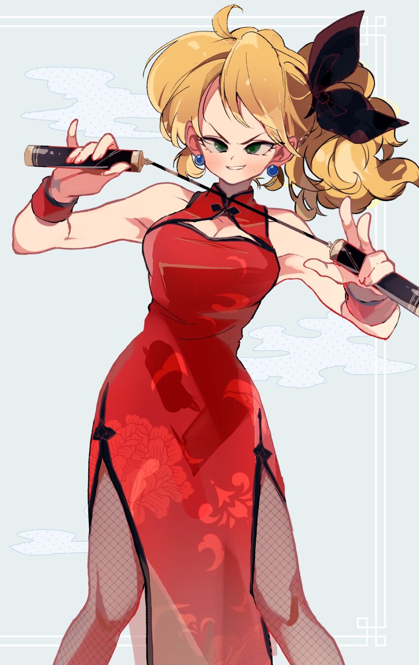1girl absurdres animal_ears blonde_hair breasts china_dress chinese_clothes cleavage cleavage_cutout clothing_cutout commentary dragon_ball dragon_ball_(classic) dress fishnet_pantyhose fishnets floral_print green_eyes highres lunch_(bad)_(dragon_ball) lunch_(dragon_ball) medium_breasts nunchaku pantyhose ponytail red_dress roku_(roku_0141) smile solo symbol-only_commentary v-shaped_eyebrows weapon wristband