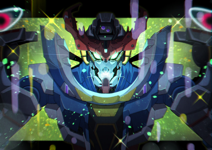 absurdres commentary_request glowing glowing_eyes gquuuuuux green_eyes gundam gundam_gquuuuuux highres letterboxed light_particles looking_at_viewer mecha mecha_focus mobile_suit nkeo no_humans open_mouth outside_border robot science_fiction solo upper_body v-fin zeknova