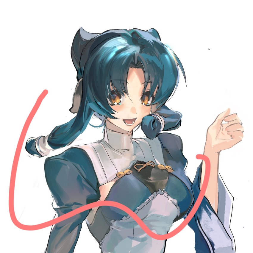 1girl animal_ears aquaplus atuy blue_hair breasts cleavage dress frilled_dress frills gradient_eyes highres long_sleeves looking_at_viewer medium_breasts multicolored_eyes open_mouth orange_eyes parted_bangs puffy_sleeves raised_eyebrows short_hair_with_long_locks solo teeth tongue utawarerumono utawarerumono:_itsuwari_no_kamen utawarerumono:_lost_flag vivekana wide_sleeves