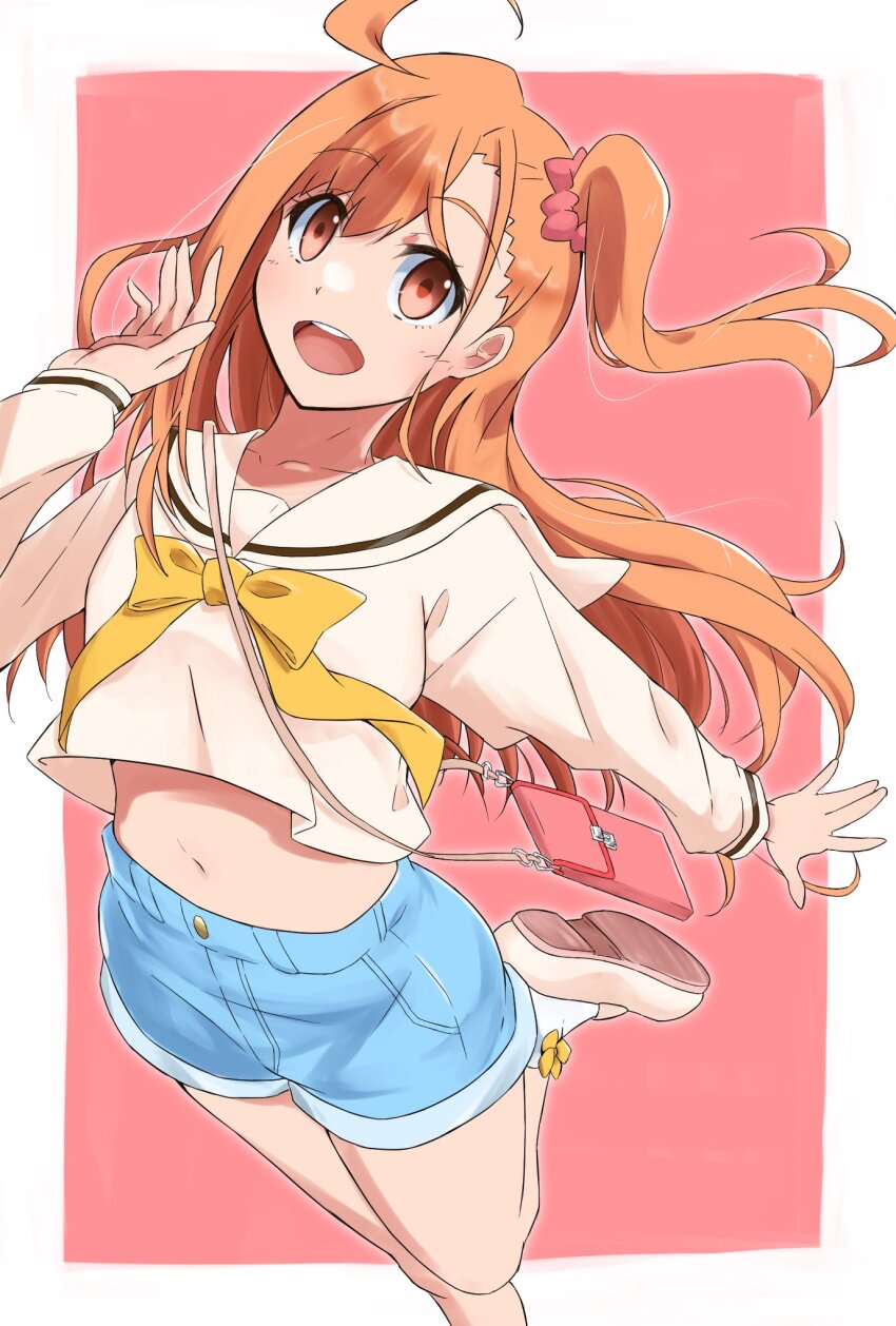 1girl bag border bow bowtie breasts collarbone commentary_request crop_top cropped_shirt foot_out_of_frame hair_ornament hair_scrunchie handbag highres ikizulive!_love_live!_bluebird iwatatsu leg_up long_sleeves love_live! medium_breasts midriff navel outside_border pink_background pink_bag pink_scrunchie sailor_collar sailor_shirt scrunchie shirt simple_background solo takahashi_polka white_border white_sailor_collar white_shirt yellow_bow yellow_bowtie
