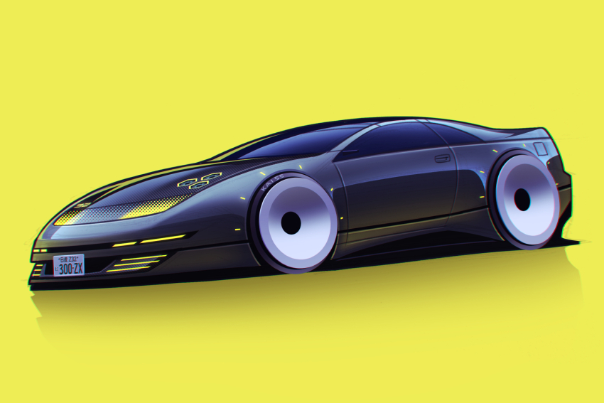 car grey_car kai55 license_plate motor_vehicle nissan nissan_300zx nissan_300zx_(z32) nissan_fairlady_z no_humans original redesign science_fiction shadow simple_background sports_car vehicle_focus yellow_background