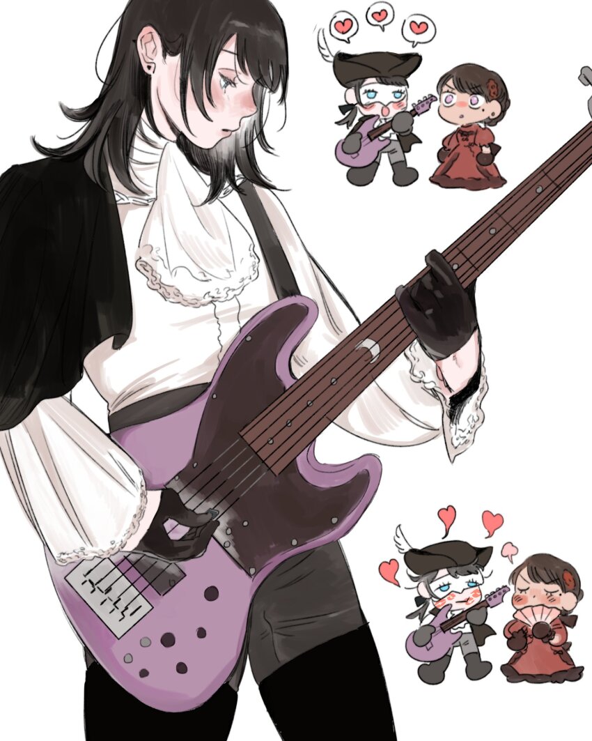 2girls 5-string_bass_guitar bang_dream! bang_dream!_it&#039;s_mygo!!!!! bass_guitar black_boots black_capelet black_gloves black_hair black_hat blue_eyes blush boots brown_hair capelet closed_eyes dress fender_precision_bass gloves grey_pants hand_fan hat heart highres holding holding_fan instrument lipstick_mark lipstick_mark_on_face long_sleeves mask masquerade_mask milfcookiesimp mole mole_under_eye multiple_girls music pants paper_fan playing_bass_guitar playing_instrument purple_eyes red_dress shiina_taki shirt simple_background spoken_heart thigh_boots white_background white_mask white_shirt yahata_umiri yuri