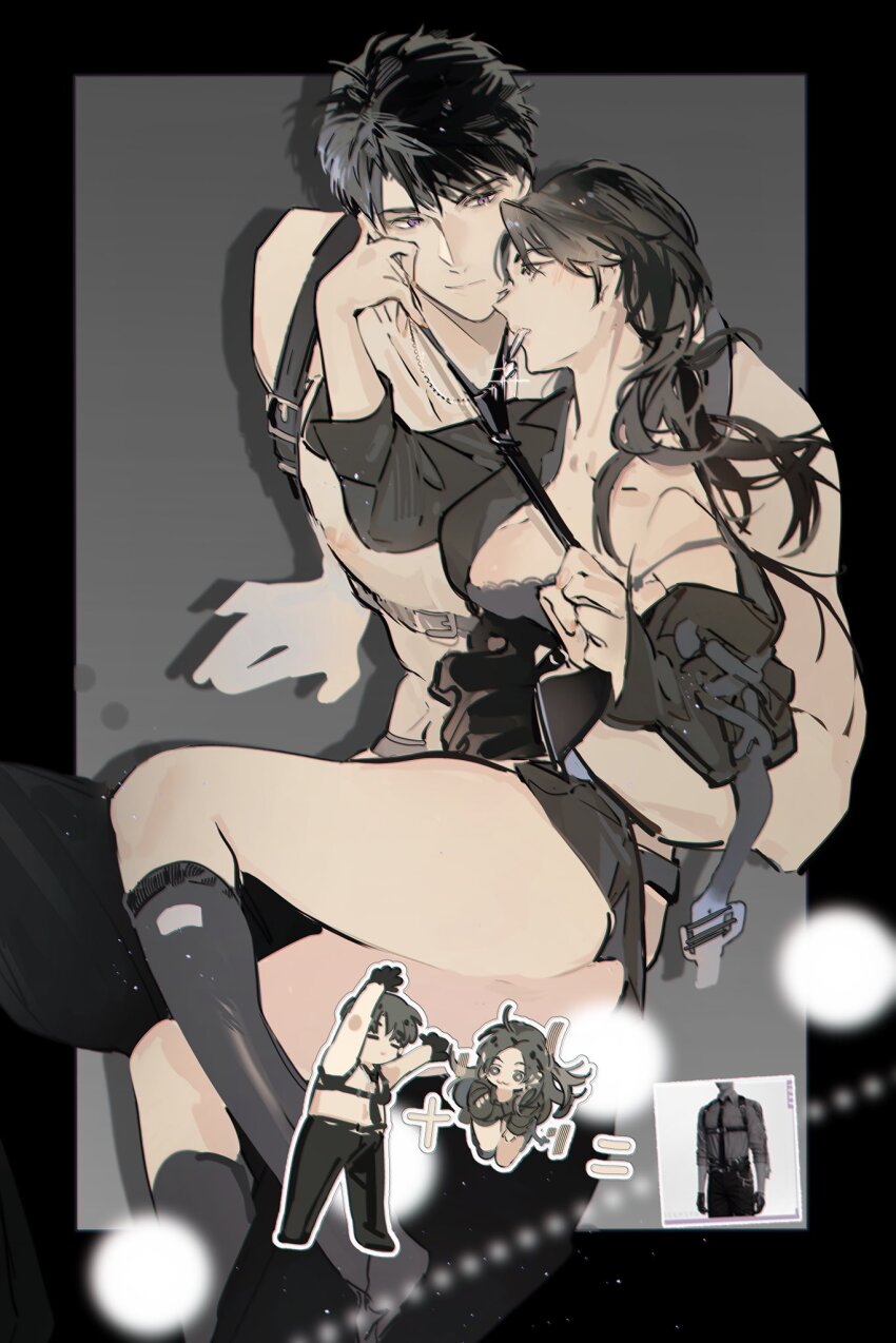 1boy 1girl arm_around_waist ass black_hair black_necktie bra caleb_(love_and_deepspace) closed_mouth clothes_grab couple dog_tags grey_bra hand_on_another&#039;s_face height_difference hetero highres holding_dog_tags long_hair love_and_deepspace lrrcakie mouth_hold muscular muscular_male necktie necktie_grab neckwear_grab pectorals protagonist_(love_and_deepspace) purple_eyes short_hair simple_background underwear very_short_hair