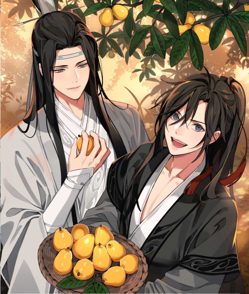 2boys :d ahoge basket bishounen black_hair black_hanfu branch chinese_clothes closed_mouth collarbone day food fruit gearous hair_between_eyes hair_ornament hair_ribbon hand_up hanfu headband high_ponytail highres holding holding_basket holding_food holding_fruit lan_wangji leaf long_hair long_sleeves looking_at_another looking_at_viewer loquat male_focus modao_zushi multiple_boys non-web_source official_art open_mouth outdoors parted_bangs pectoral_cleavage pectorals ponytail purple_eyes red_ribbon ribbon robe sidelocks sleeves_past_wrists smile standing tassel tassel_hair_ornament teeth topknot tree upper_body wei_wuxian white_hanfu white_headband wide_sleeves xiao_guan_(headdress) yaoi yellow_eyes