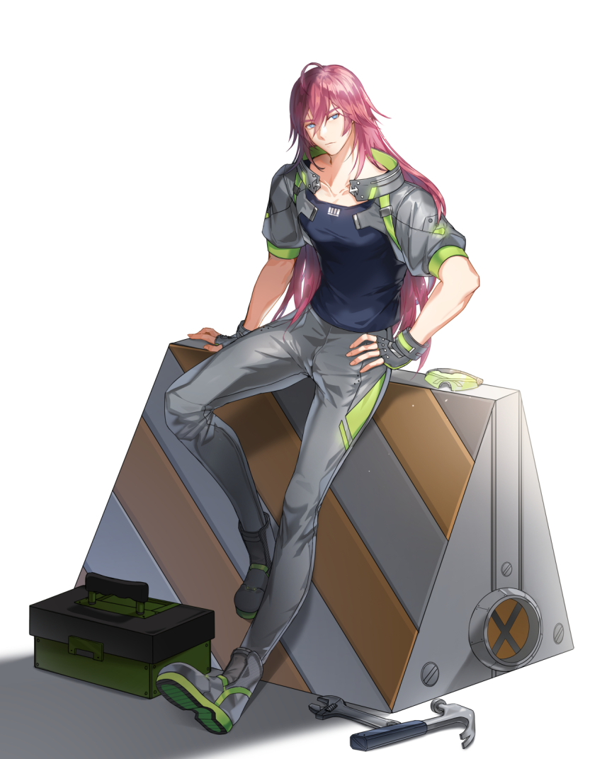 1boy adjustable_wrench ahoge alternate_hair_color alternate_hair_length alternate_hairstyle ankle_boots arm_support blue_eyes blue_shirt boots chulsoo_kim_(closers) claw_hammer closed_mouth closers cropped_jacket fingerless_gloves full_body gloves green-tinted_eyewear grey_boots grey_gloves grey_jacket grey_pants hair_between_eyes hammer hand_on_own_hip highres jacket leather leather_jacket leather_pants long_hair looking_to_the_side male_focus official_art open_clothes open_jacket pants pants_tucked_in pink_hair puffy_short_sleeves puffy_sleeves roadblock safety_glasses shadow shirt short_sleeves solo tinted_eyewear toolbox unworn_eyewear white_background wrench
