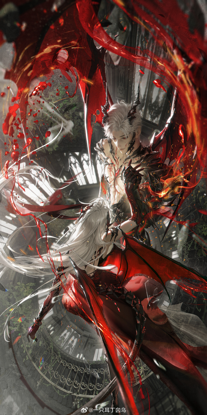 1boy 1girl absurdres armor artist_name belt black_belt black_footwear black_horns black_pants blood blood_on_face boots chest_jewel chest_tattoo claws closed_mouth couple dragon_boy dragon_horns dragon_wings dress elbow_gloves eyelashes floating gem gloves hetero highres holding_hands horns interlocked_fingers lips long_hair looking_at_another love_and_deepspace multiple_belts pants protagonist_(love_and_deepspace) red_dress red_eyes red_gemstone red_gloves red_wings short_hair shoulder_armor sleeveless sleeveless_dress smile spiral_staircase stairs strapless strapless_dress sylus_(love_and_deepspace) tattoo watermark weibo_watermark white_hair wings yi_zhi_er_ding_xin_wu