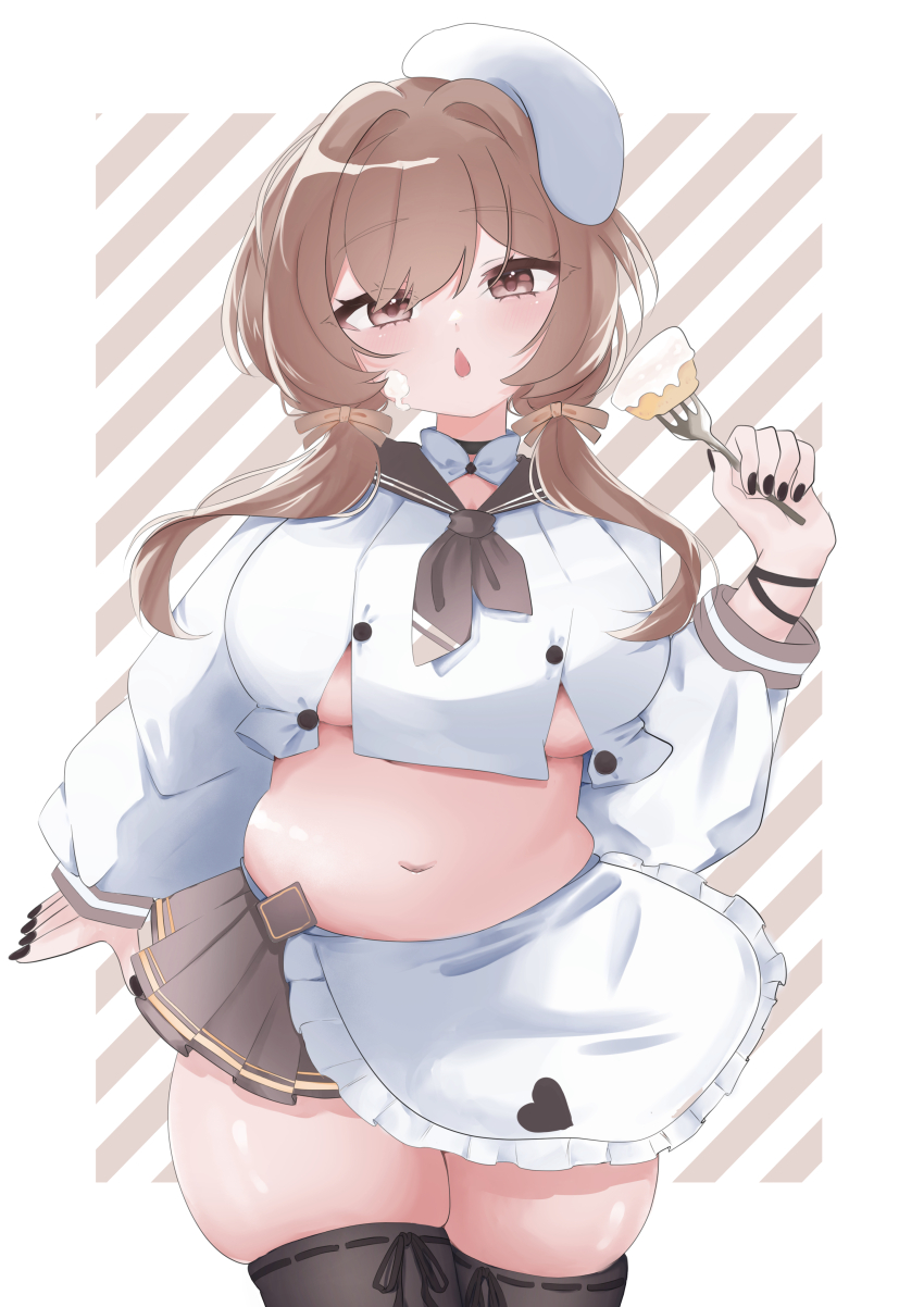1girl absurdres apron areola_slip ascot beret black_nails black_thighhighs bready_(nikke) breasts brown_eyes brown_hair cake choker crop_top food food_on_face fork goddess_of_victory:_nikke hair_over_shoulder hair_ribbon hat heart highres holding holding_fork i_7_13_i icing icing_on_face large_breasts long_hair low_twintails midriff miniskirt muffin_top navel open_mouth ribbon shirt skindentation skirt solo standing striped_background thick_thighs thighhighs thighs twintails underboob white_hat white_shirt wristband
