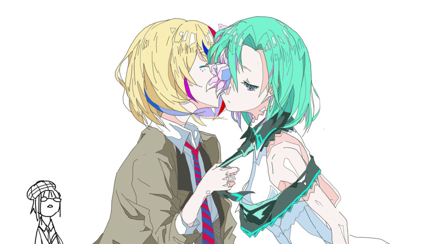 3girls arcaea black_necktie blonde_hair blue_eyes blue_hair blue_necktie brown_coat character_request closed_mouth clothes_grab coat collared_shirt commentary crossover elizabeth_(wacca) facial_mark flower flower_over_eye glasses green_hair hashtag-only_commentary highres kiss kissing_cheek ligne_claire looking_at_another multicolored_hair multiple_girls necktie necktie_grab neckwear_grab purple_hair red_necktie rognize saya_(arcaea) shirt short_hair simple_background sleeveless sleeveless_shirt streaked_hair striped_necktie upper_body wacca_(video_game) white_background white_shirt yuri